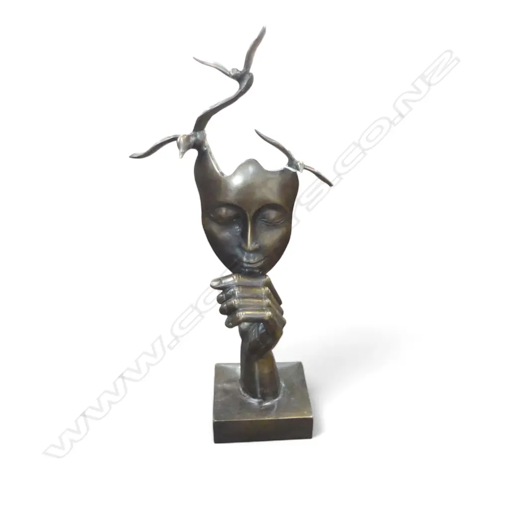 BRONZE SCULPTURE; FACE HELD BY HAND w. BIRDS ABOVE H.470mm Image 1++