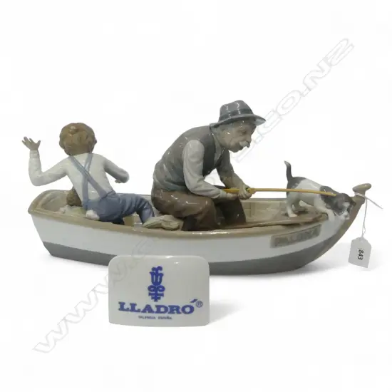 LLADRO #5215 'FISHING WITH GRAMPS' L.390mm + SIGN, SOME BITS REQ. GLUE
