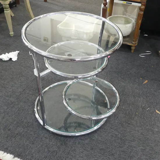 EILEEN GRAY STYLE CHROME & GLASS SIDE TABLE w. 2 SWINGING SHELVES H.545mm, 500mm