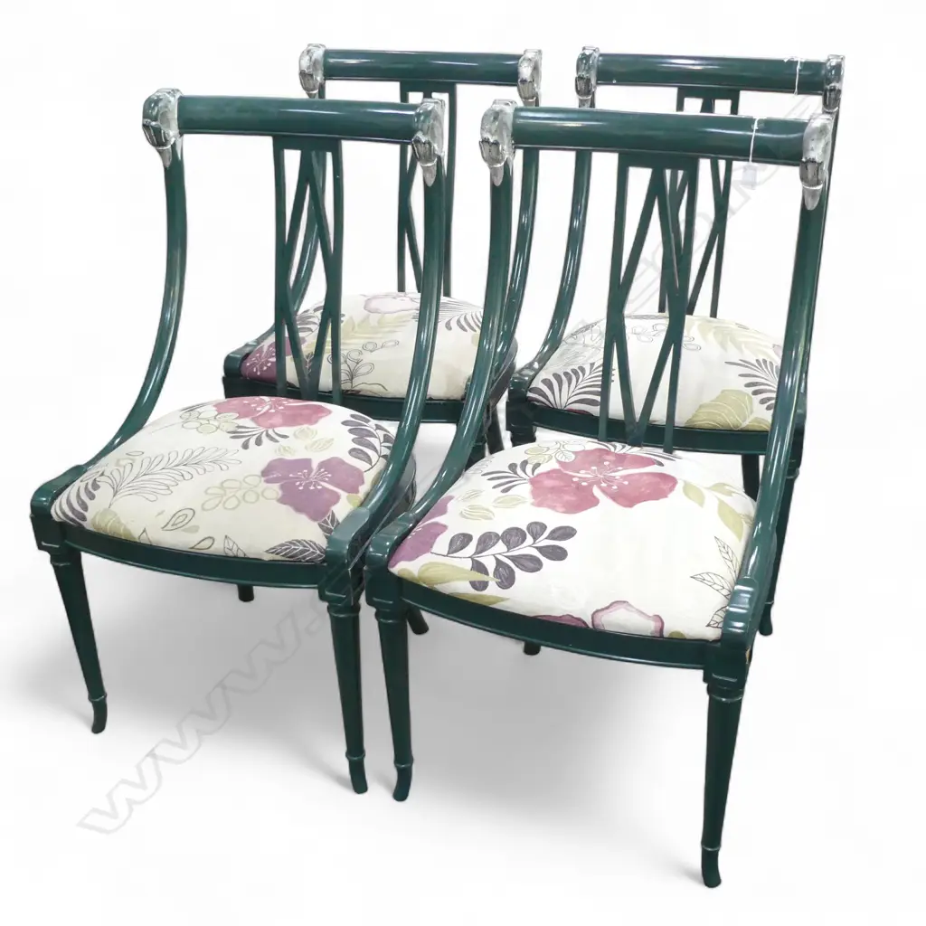SET 4 DESIGNER FRENCH STYLE GREEN LACQUER CHAIRS with swan neck head highlights Image 1++
