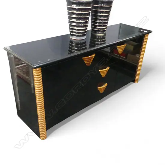 c.1990's DESIGNER BLACK LACQUER & WOOD highlight LOW SIDEBOARD 1670 X 480 X 760mm. Prov. From the home of a retired....