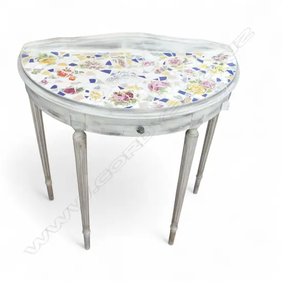MOSAIC TOPPED HALF ROUND HALL TABLE white washed frame. W.810mm.