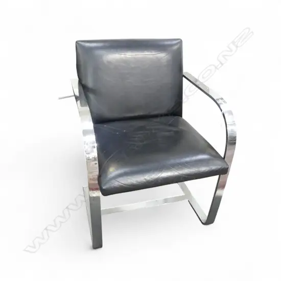 BRUNO STYLE BLACK LEATHER & CHROME ARMCHAIR - (1 arm not joined to back)