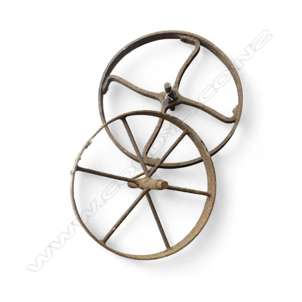 2 OLD STEEL WHEELBARROW FRONT WHEELS. Dia's.465 & 395mm Image 1++