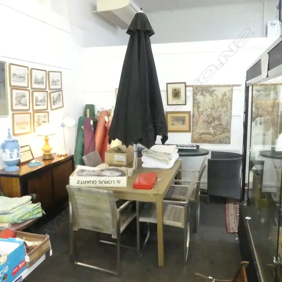 WOODEN OUTDOOR TABLE + 4 CHAIRS & UMBRELLA 1525x970x755mm