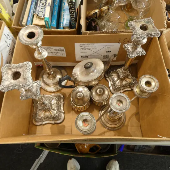 BOX LOT SILVERPLATE - PR CANDLESTICKS, CANDELABRA, CANDLESTICK TEAPOT ETC