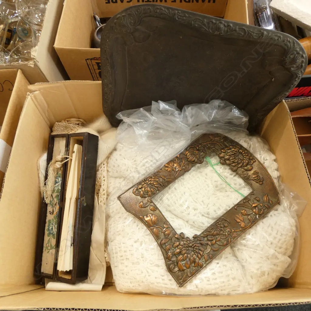 ASST. LINEN, GLOVES, BONE FAN (FAULTS), SILVER PLATE TRAY & CHRYSTATANUM PHOTO FRAME Image 1++