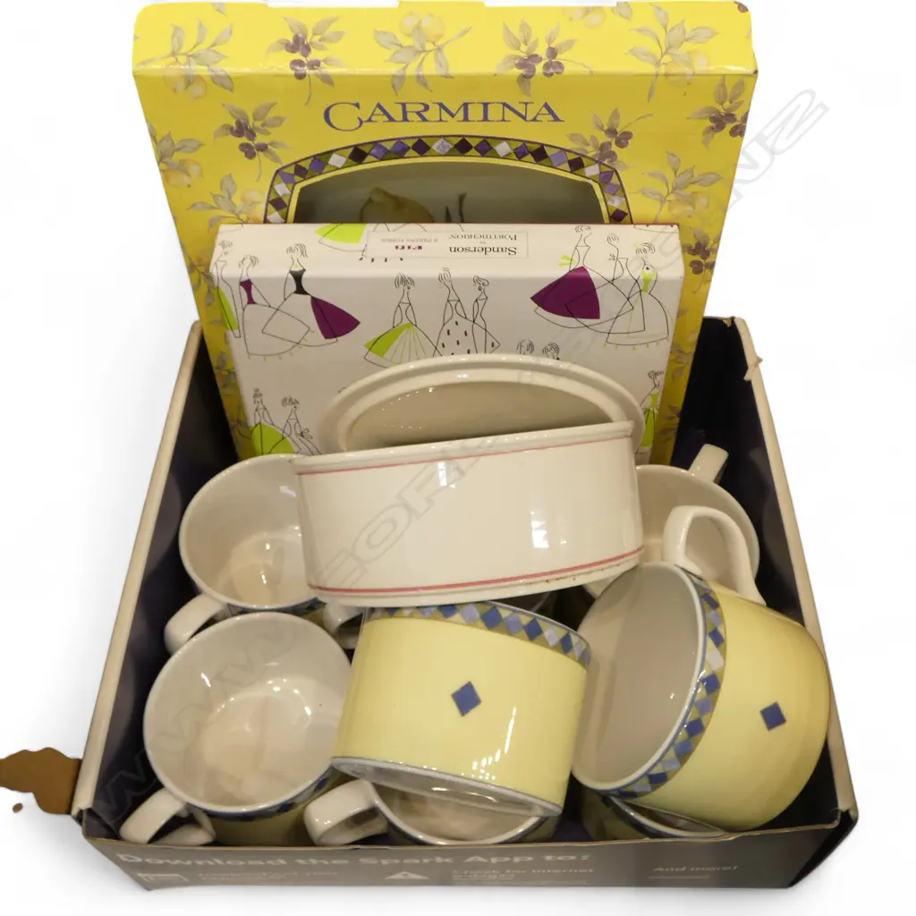 8 ROYAL DOULTON 'GARMINA' CUPS + BOXED PLATE & BOXED SET 6 PORTMEIRION PASTRY FORKS & VB CATALINA CONTAINER Image 1++