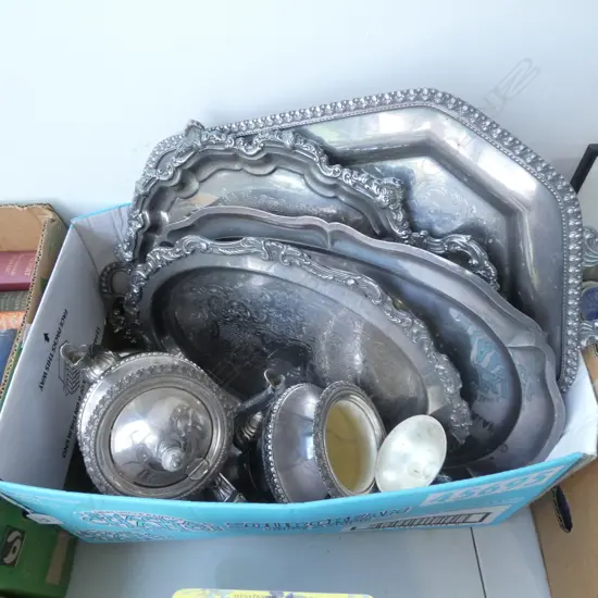ASST. SILVER PLATE; TRAYS, TEAPOTS ETC