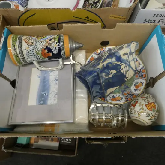 ASST. ITEMS; IRISH LINEN, TANKARD, IMARI PLATE, 3 PRINTS ETC