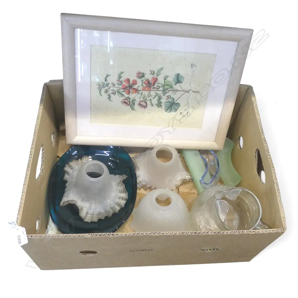 ASST. GLASS SHADES, BOWL, TROUGH VASES, JUG & FRAMED BOTANICAL PRINT Image 1++