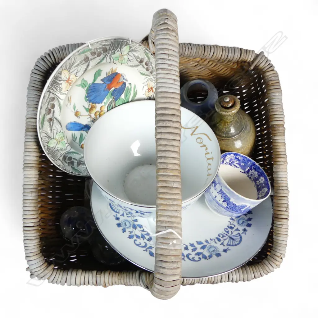 CANE BASKET & CONTENTS CHINA GLASS POTTERY ETC Image 1++
