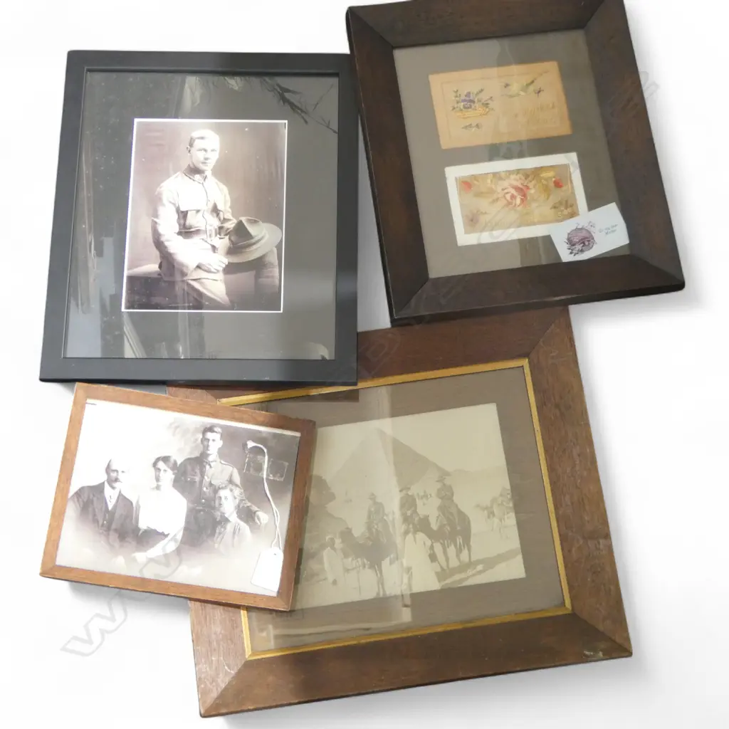 4 ARTWORKS, WWI INTEREST, INCL. PHOTO OF 3 SOLDIERS BY PYRAMIDS EGYPT 160x220mm Image 1++