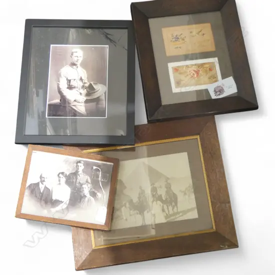 4 ARTWORKS, WWI INTEREST, INCL. PHOTO OF 3 SOLDIERS BY PYRAMIDS EGYPT 160x220mm