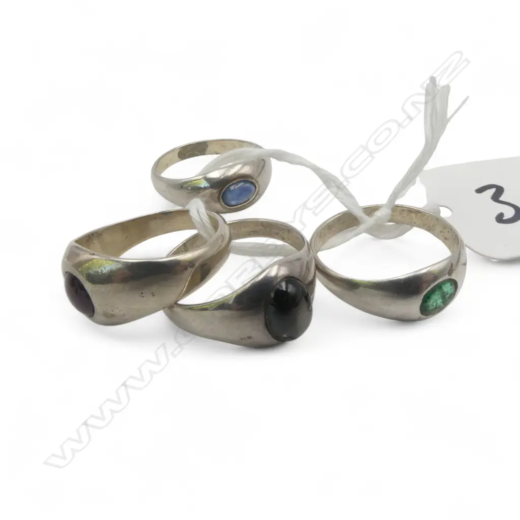 4 SILVER RINGS SET w STAR RUBY, SAPPHIRE & EMERALD  Image 1++