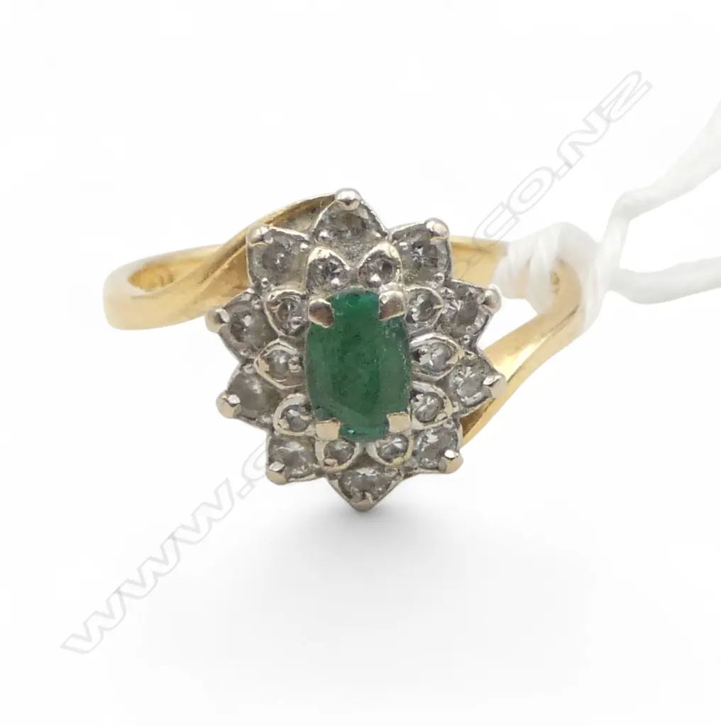 18CT GOLD EMERALD AND DIAMOND RING 4.65gms (Emerald has some damage) SIZE T Image 1++