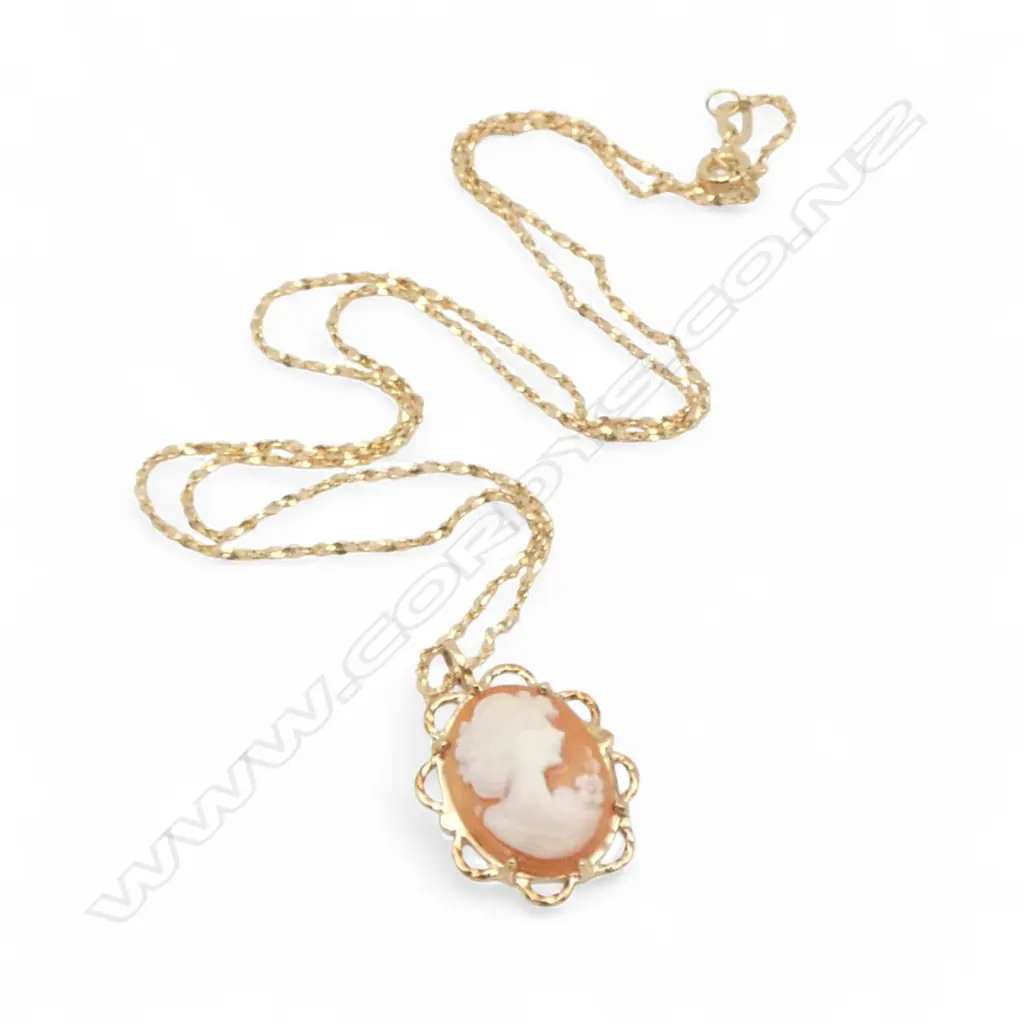 **RTV** 9ct CAMEO PENDANT on chain, 3.8gm chain needs repair Image 1++