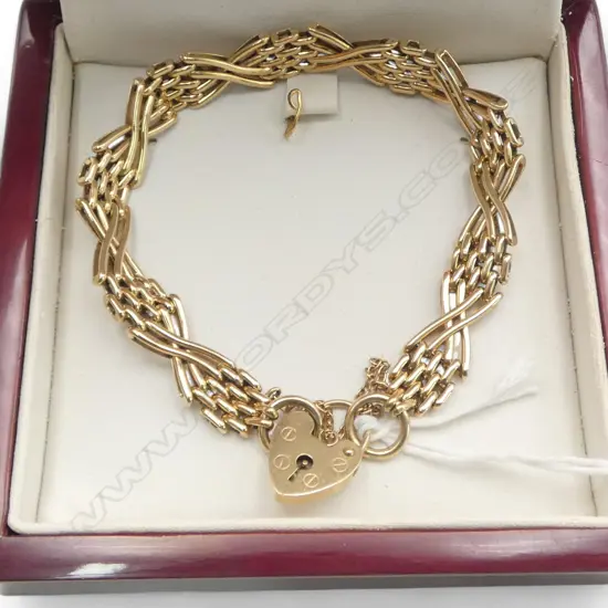 9ct GATE LINK BRACELET w heart padlock clasp, 20.21gm, 1996 valuation