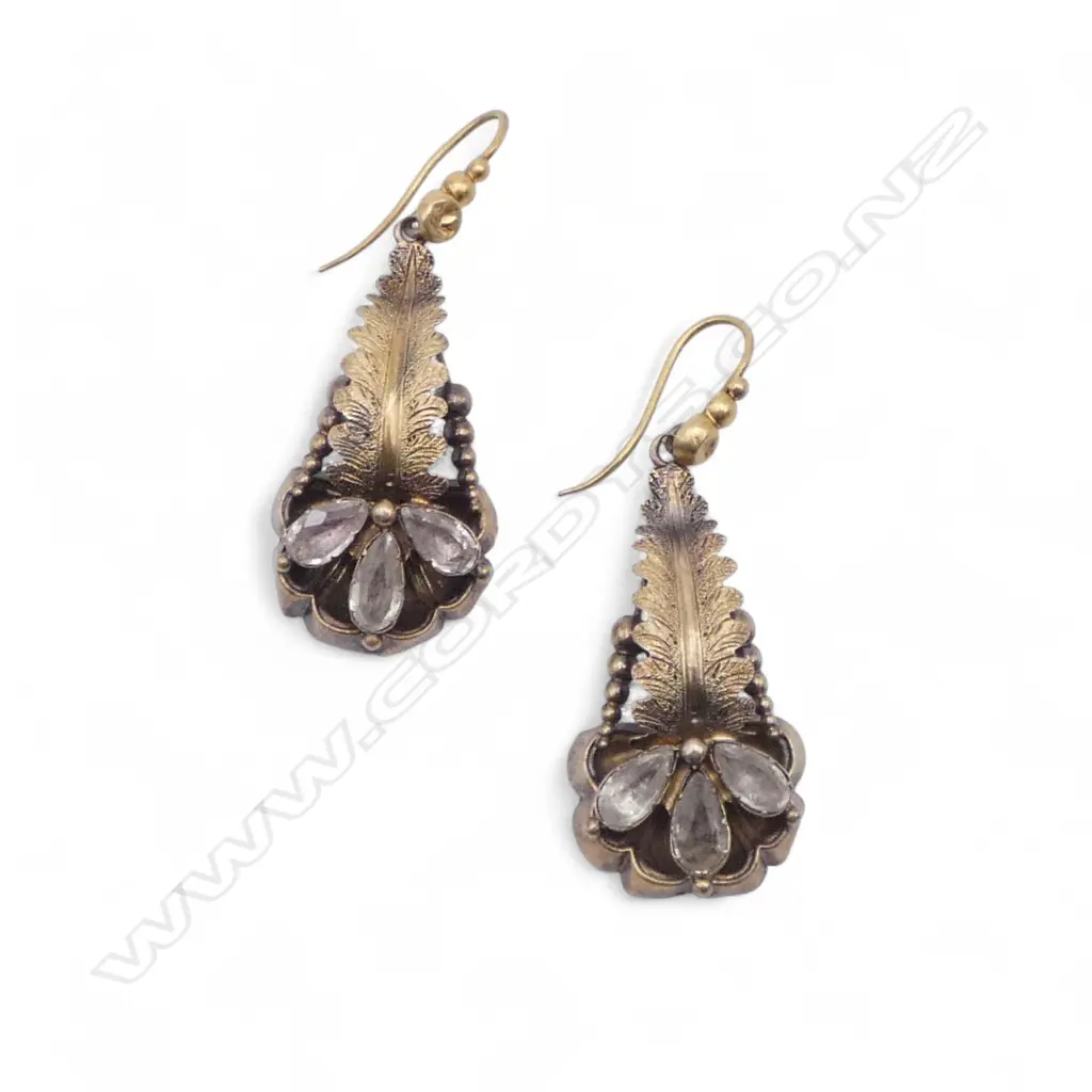 Pair of Victorian 9ct gold leaf design drop earrings with white stones. 5gms. Image 1++