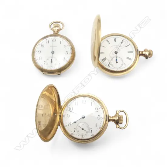 3 EARLY 20thC WALTHAM OPEN FACE POCKET WATCHES apparently not working. gold plated cases. 1 faulted