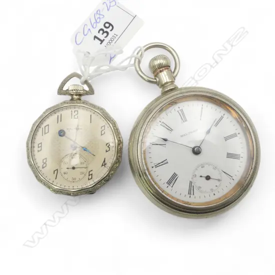 2 EARLY 20thC WALTHAM OPEN FACE POCKET WATCHES apparently not working. White metal case