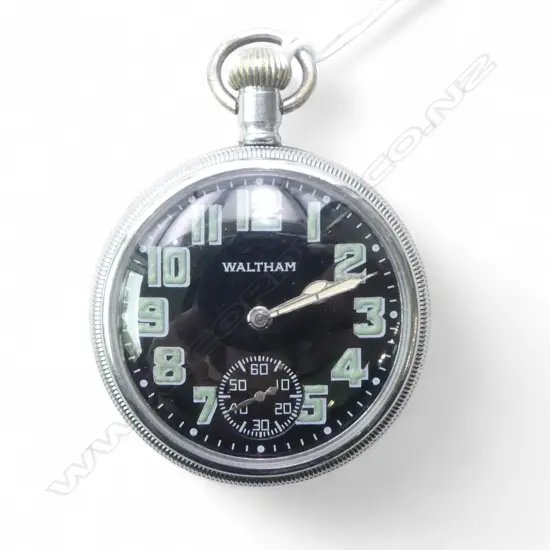 	EARLY 20thC WALTHAM OPEN FACE POCKET WATCH black dial. Military ? apparently Working. White metal case