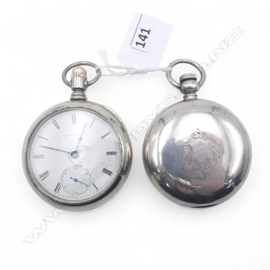 2 EARLY 20thC AMERICAN WATCH CO.OPEN FACE POCKET WATCHES apparently not working. White metal case. 1 W KEY TO TOP WINDER