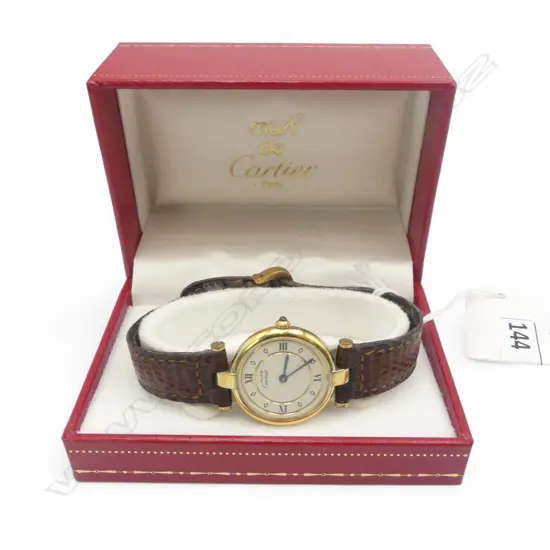 MUST DE CARTIER VINTAGE LADIES SILVER GILT WRIST WATCH WITH BOX AND PAPERS (valuation)