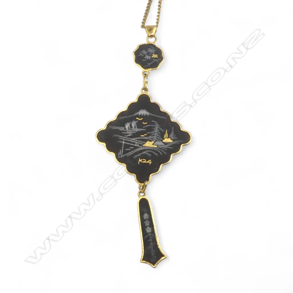 VINTAGE JAPANESE DAMASCENE 14k GOLD PLATED PENDANT on CHAIN Image 1++