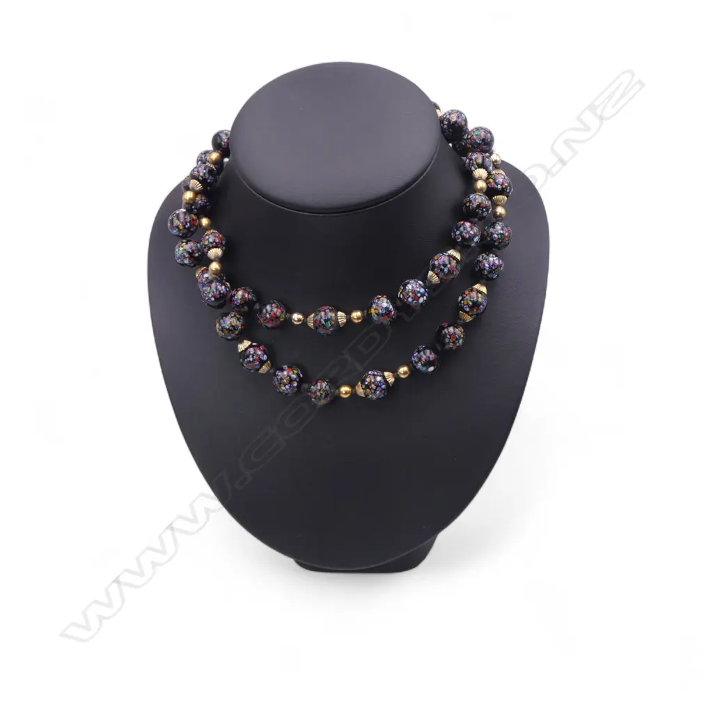 VENETIAN MILLIFIORI MURANO NECKLACE, HANDKNOTTED w GOLD PLATED SPACER BEADS, L.800mm Image 1++