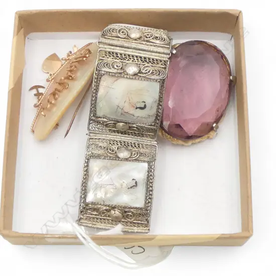 VINTAGE SILVER FILIGREE MOP BRACELET, GOLD LINED MOP 'MOTHER' BROOCH & GLASS BROOCH