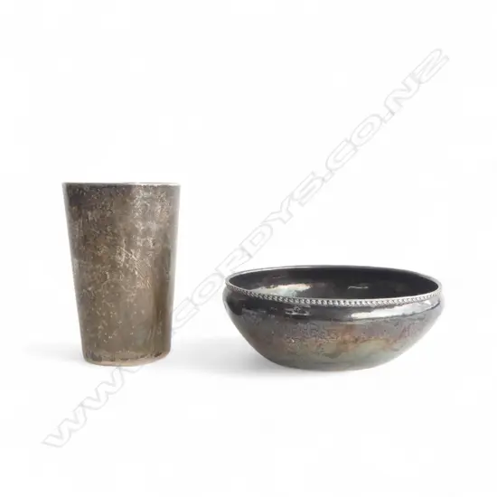 2 STG SILVER ITEMS: beaker London 1895 + bowl Birmingham 1913. 183gms BOWL FAULTED