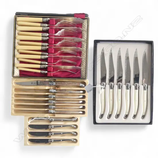 2 BOXED SETS LA GUIOLE  (Sabatier) FRENCH KNIVES: 6 STEAK + 4 BUTTER + EPNS 6 PLACE BOXED FISH SET box a.f