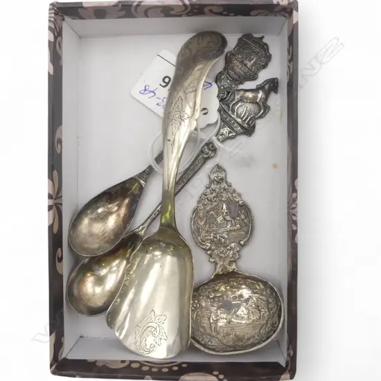 c1900 EURO SILVER CADDY SPOON + SUGAR SHOVEL SPOON. 30gms + 2 OTHER souvenir spoons (1 silver) 