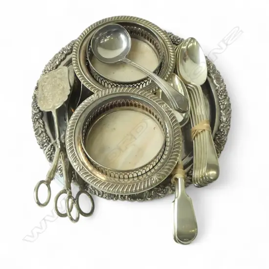 TRAY SILVER PLATE; BOTTLE COASTERS, SERVING TONGS, SAUCE LADLES & 11 VICTORIAN FIDDLE BACK SERVING SPOONS
