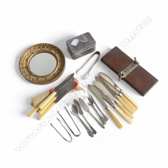 SMALL ITALIAN GILT MIRROR + TIE PRESS + S/PLATE BOX & CUTLERY