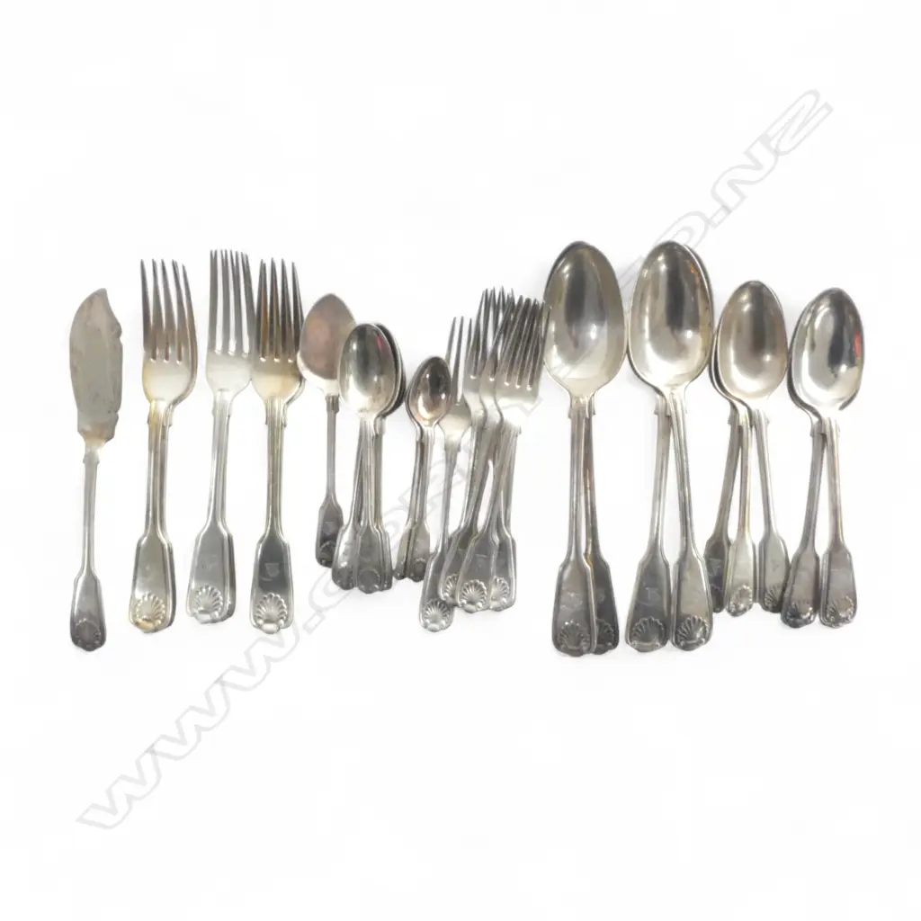 PART SET VICTORIAN fiddle thread & shell SILVER PLATE CUTLERY SET crested with gauntleted raised hand w sabre Image 1++