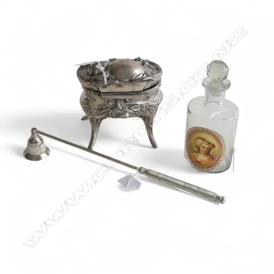 3 PCS; ART NOUVEAU TRINKET BOX, GLASS PERFUME BOTTLE & CANDLE SNUFFER