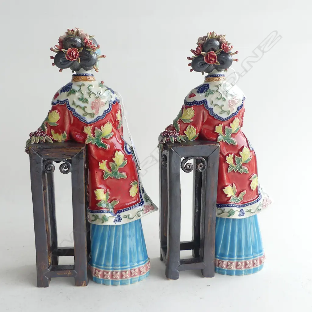 A PAIR OF CHINESE SHIWAN FIGURINES DEPICTING QING DYNASTY WOMEN (ONE WITH SMALL LOSS ON TOP OF FINGER) 290mm (H) in box Image 1++