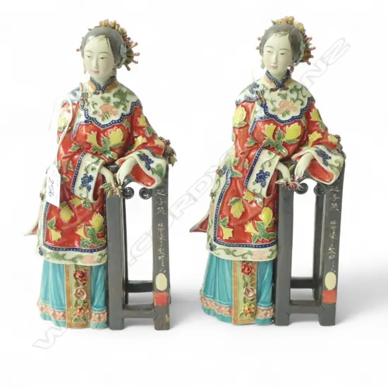 A PAIR OF CHINESE SHIWAN FIGURINES DEPICTING QING DYNASTY WOMEN (ONE WITH SMALL LOSS ON TOP OF FINGER) 290mm (H) in box