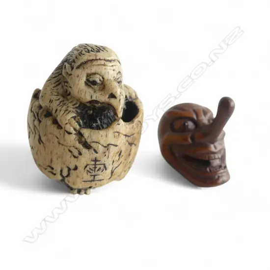 CARVED BONE TENGU NETSUKE (signed) + TENGU MASK NETSUKE
