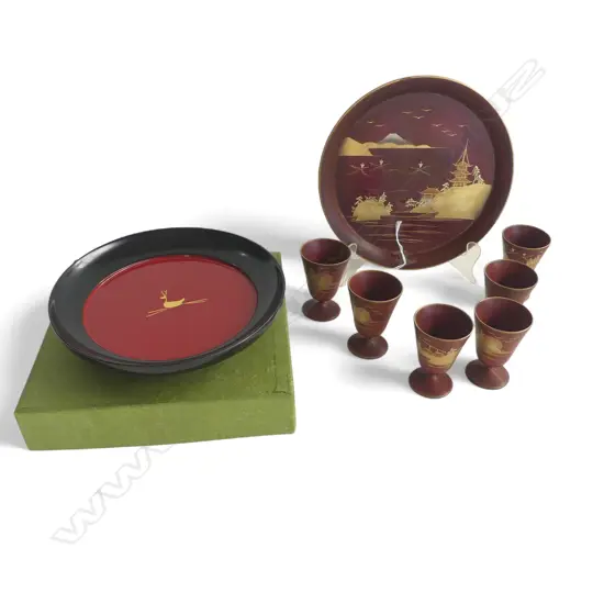 CASED JAPANESE LAQUER TRAYDIA180MM VINTAGE LAQUER DRINKS TRAY DIA180 & 6 SHOT GLASSES