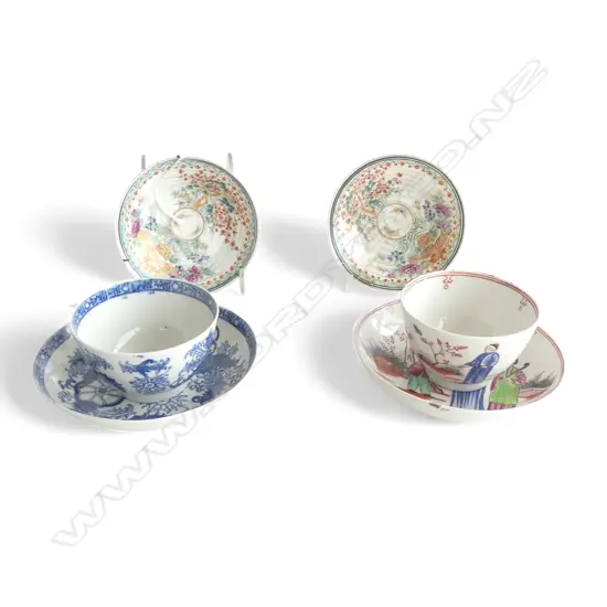 2 ANTIQUE TEABOWLS & SAUCERS DIA 130 & 2 DISHES FAULTS