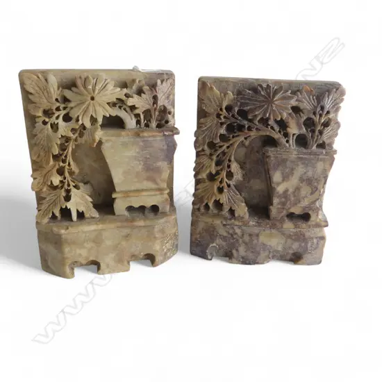 PR VINTAGE CHINESE FLORAL CARVED SOAPSTONE BOOKENDS H140MM
