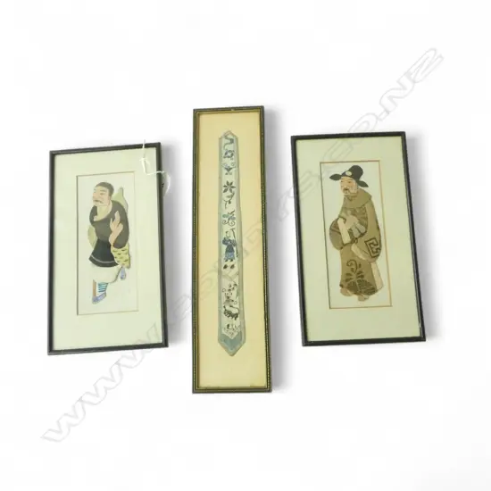3 old ORIENTAL FRAMED ART WORKS: Chinese silk cuff + pr Japanese fabric cut-out figures