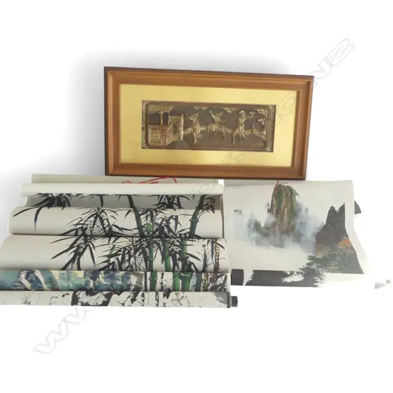 BOXED FRAMED CHINESE CARVED WOOD PANEL L480 & 2 BOXED SCROLLS  L480 & 350MM