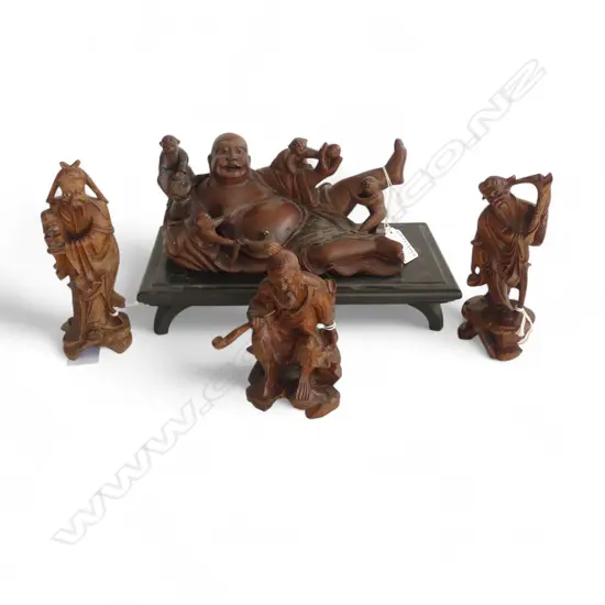 4 VINTAGE CHINESE HARDWOOD FIGURAL CARVINGS REPAIR TO LARGEST L205MM