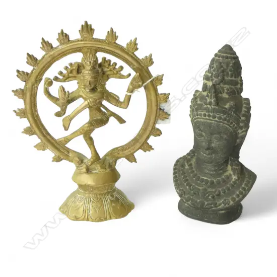 BRASS SHIVA DANCING NATARAJA  + CONCRETE BUDDHA HEAD H.230mm