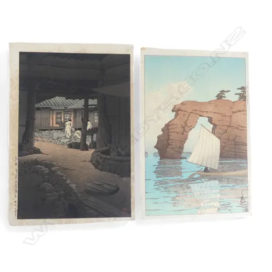 2 SHIN-HANGA PRINTS by KAWASI HASUI, 'SENIN-JI TEMPLE CHIZAN KOREA' foxed & 'SAILING BOAT AT ZAIMOKU ISLAND' 395x270mm
