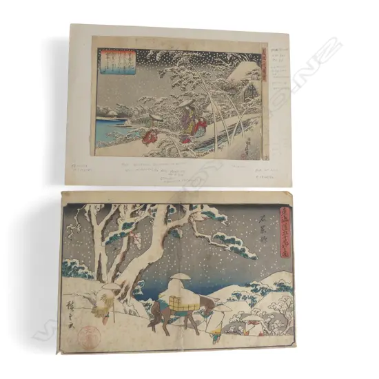 2 EARLY 19thC UKIYO-E PRINTS; YOSHITSUNE ICHI DAI BIOGRAPHY AFTER HIROSHIGE 170x250 + HIROSHIGE ISHIYAKUSHI STATION 45